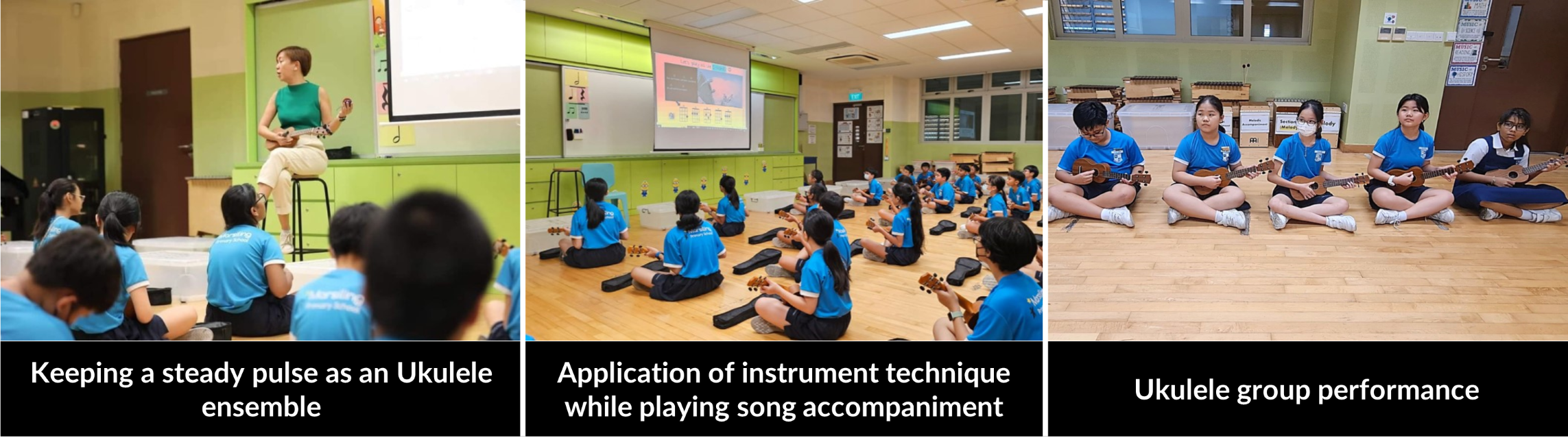 Three classroom scenes showing students in blue shirts learning and performing ukulele, guided by a teacher.