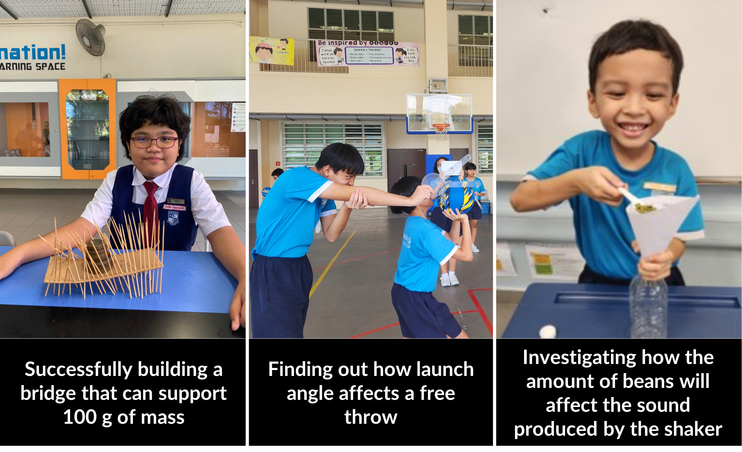 Student's toothpick bridge, students testing launch angle for a free throw, and a bean shaker experiment.