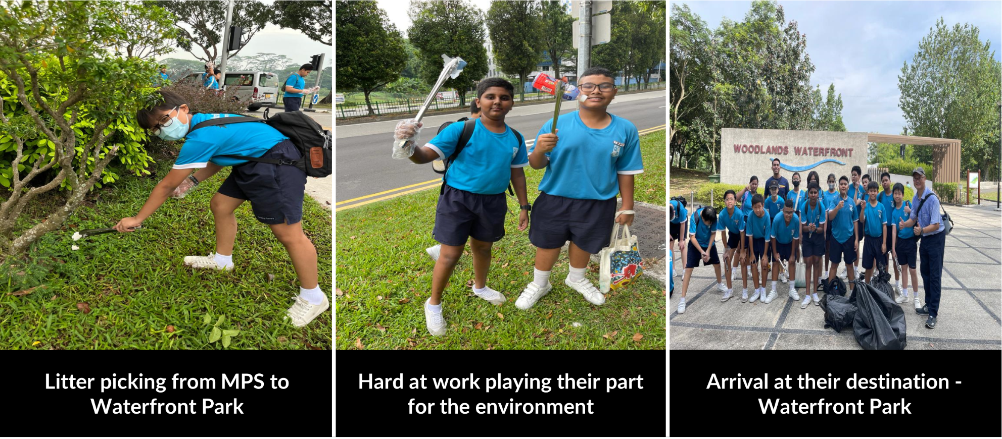 Students in blue uniforms picking litter along a route to Woodlands Waterfront Park, posing with collected trash bags.