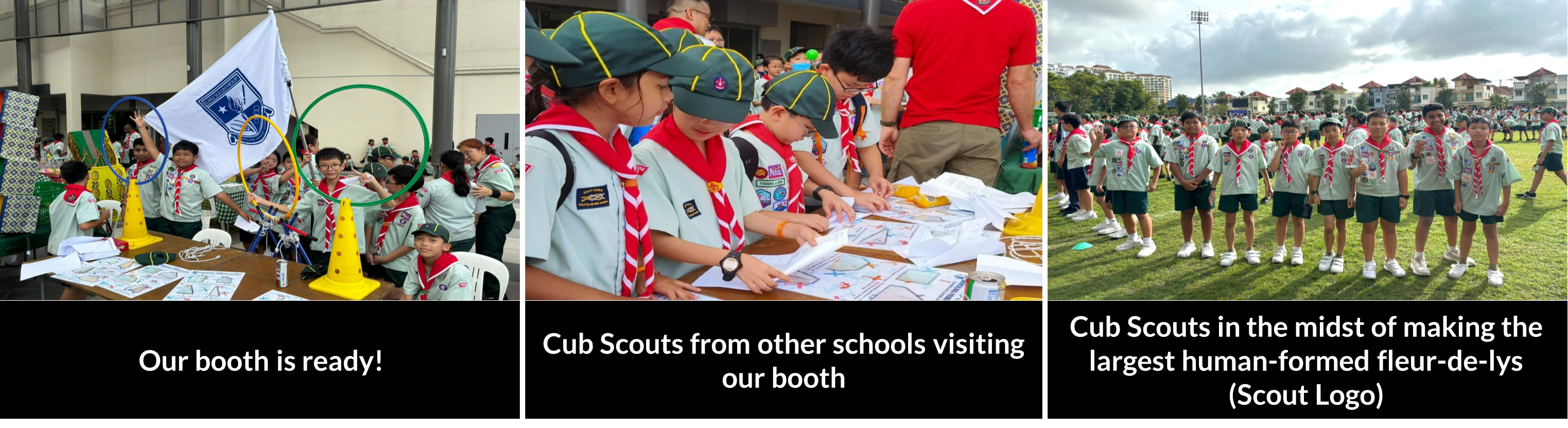 Cub Scouts at booth, visiting scouts reviewing materials, group forming a fleur-de-lys formation.