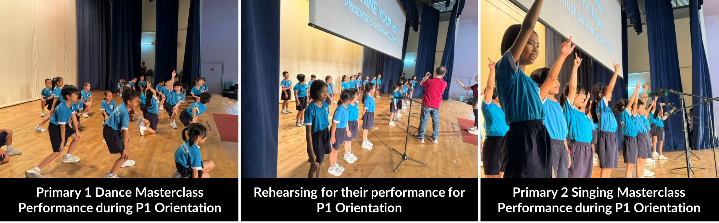 Three photos of young students in blue uniforms performing dance and singing masterclasses during a P1 Orientation event.