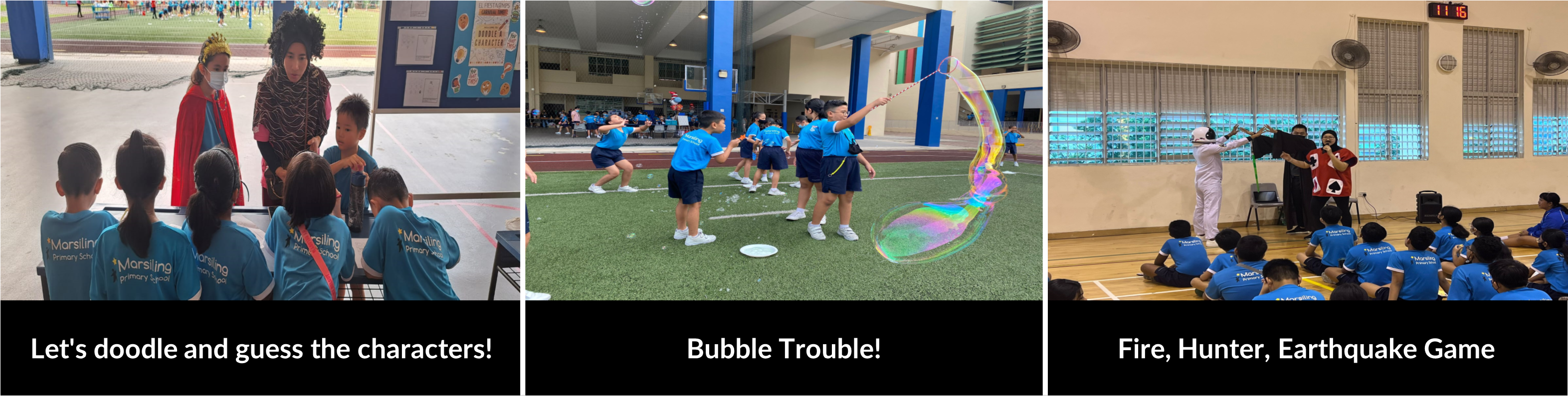Students guessing costumed characters, making a giant bubble, and playing a group indoor game.
