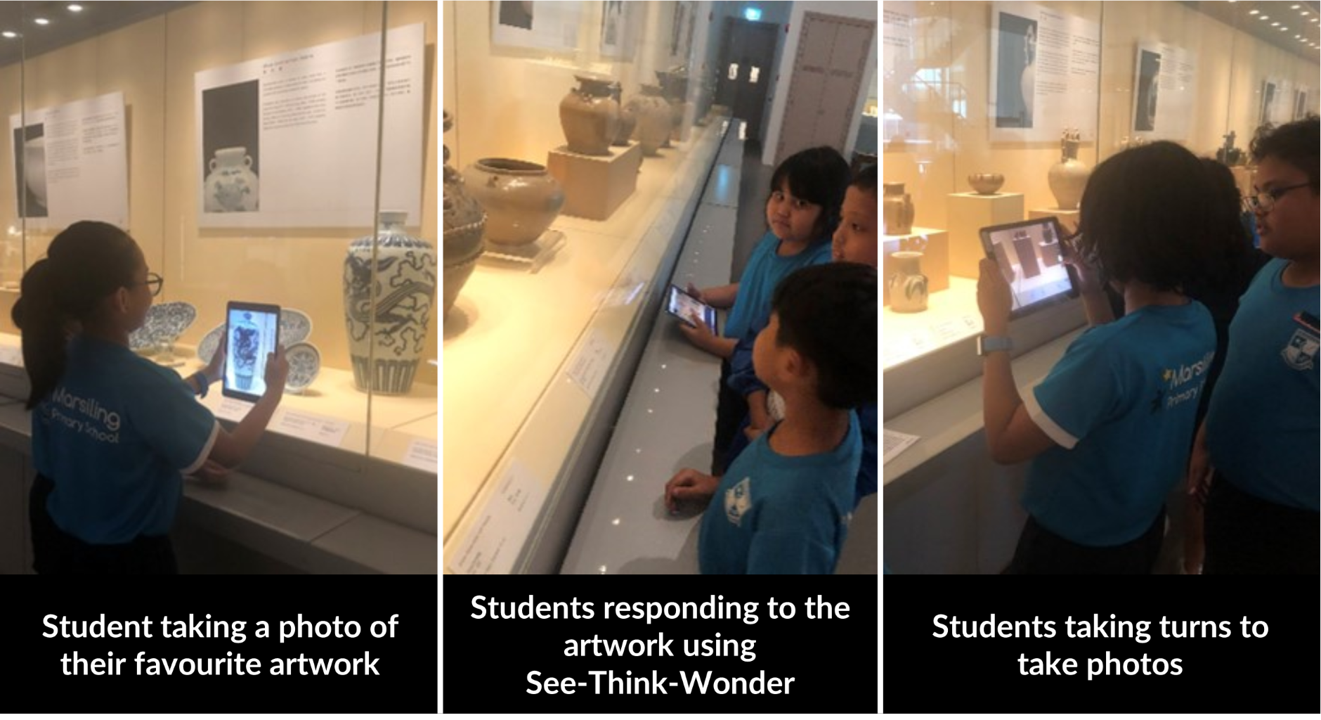 Three panels show Marsiling Primary School students in blue shirts photographing pottery exhibits at a museum using tablets.