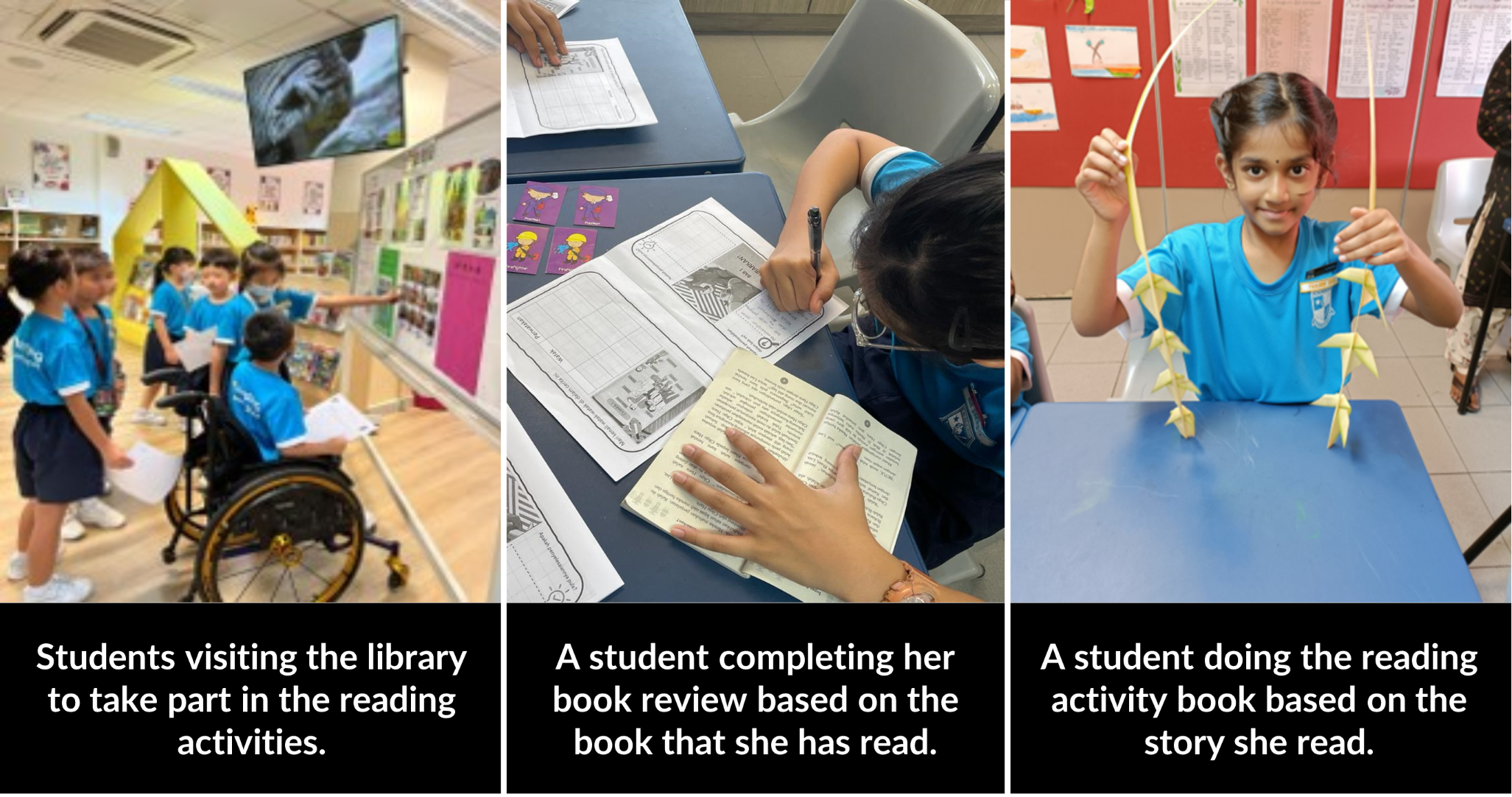 Three panels show students in blue uniforms doing reading activities: library visit, book review writing, and holding a paper craft.