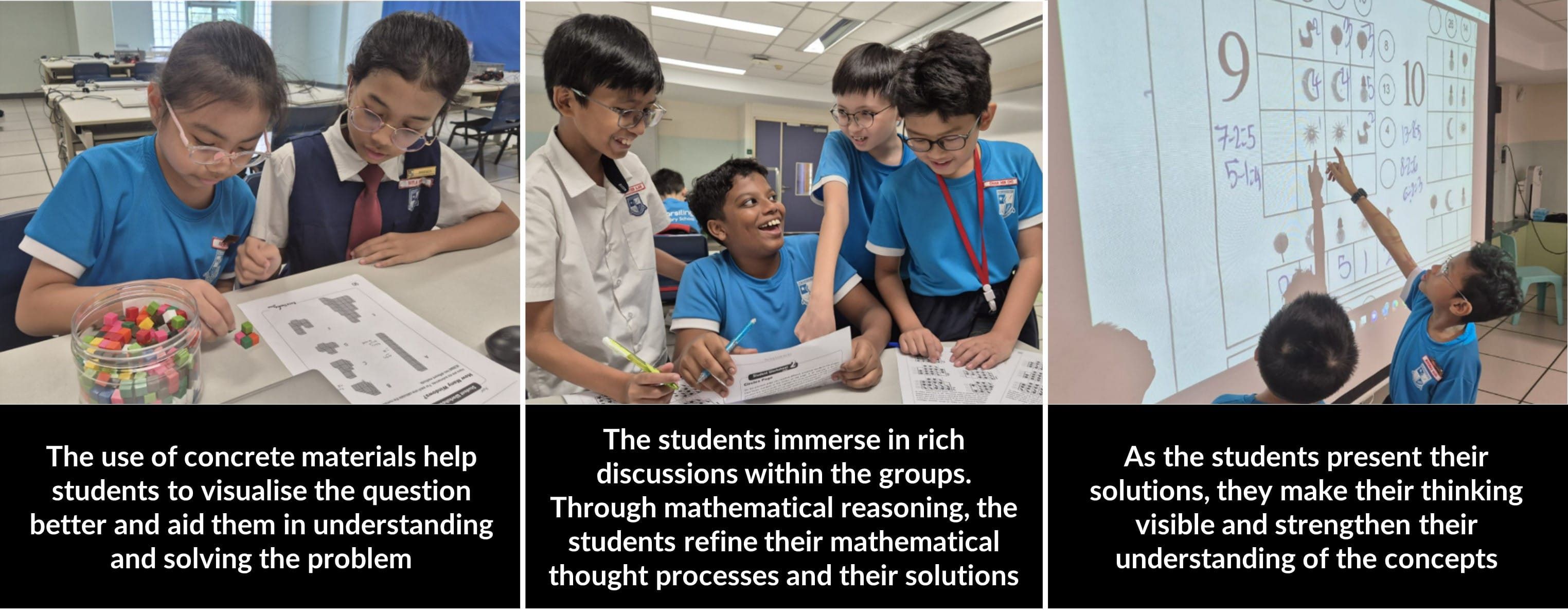 Three panels show students in blue uniforms doing math: using blocks, discussing in groups, and pointing at a number board.
