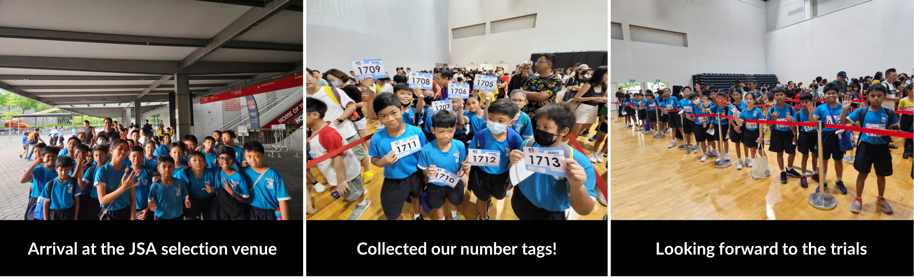Students arriving at JSA trials, holding number tags, and queuing indoors before selection.