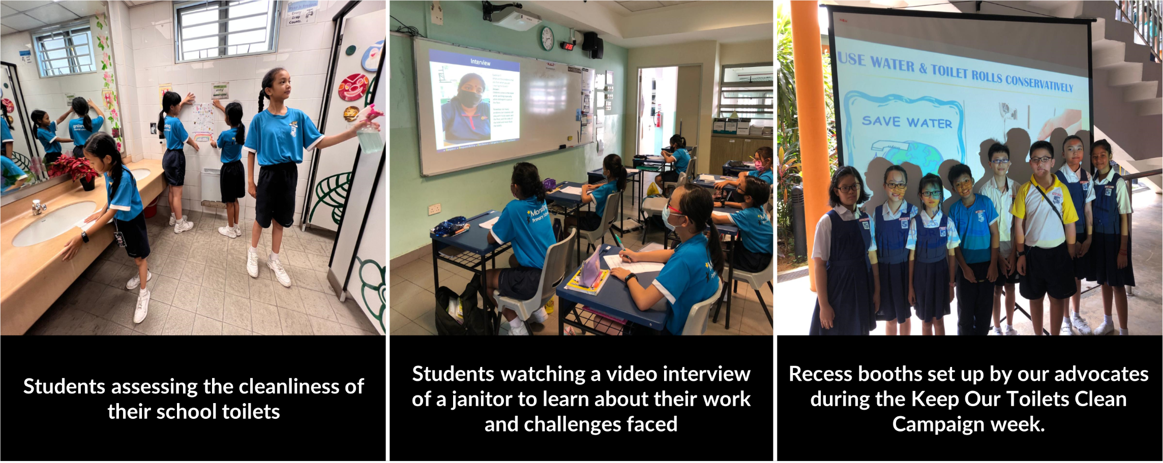 Three school scenes show students checking toilets, watching a janitor interview, and standing by a Save Water campaign display.