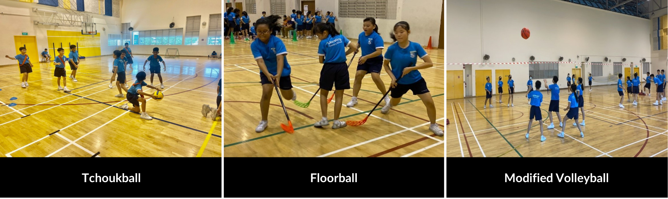 Three indoor gym scenes showing students in blue uniforms playing tchoukball, floorball, and modified volleyball.