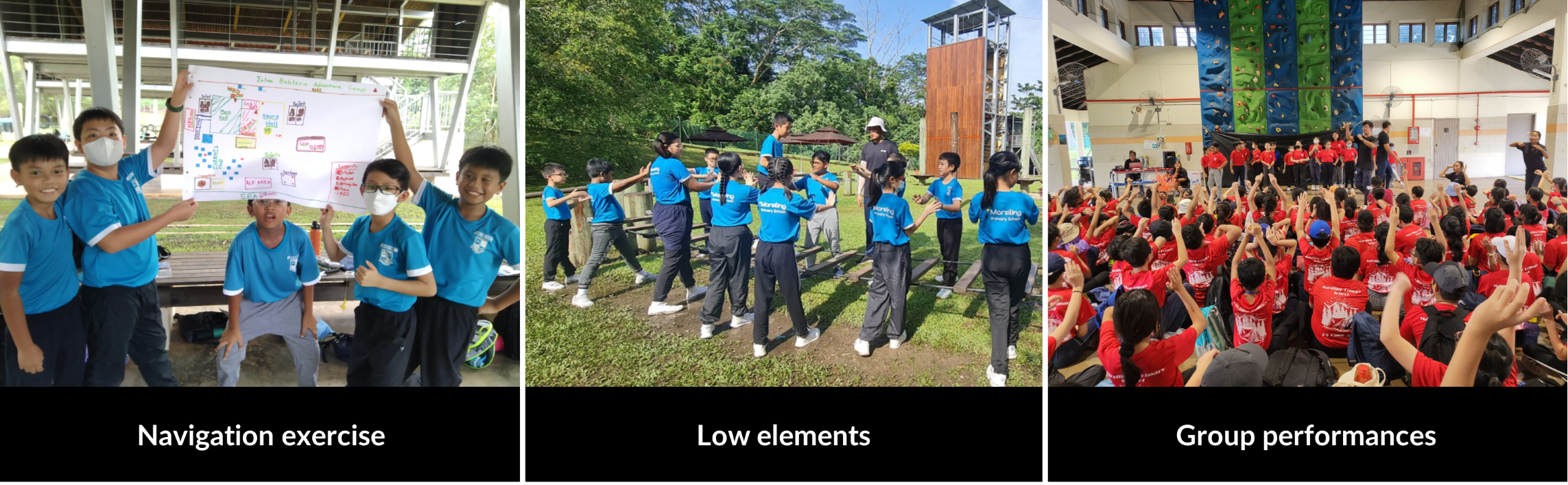Three school activity scenes: students with a map poster, outdoor team exercise, and a large indoor group performance.