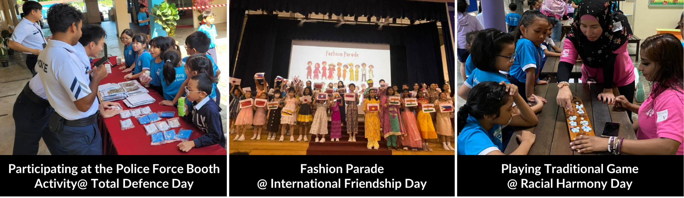 Three school event photos: police booth activity, a fashion parade with children holding flags, and students playing a traditional game.