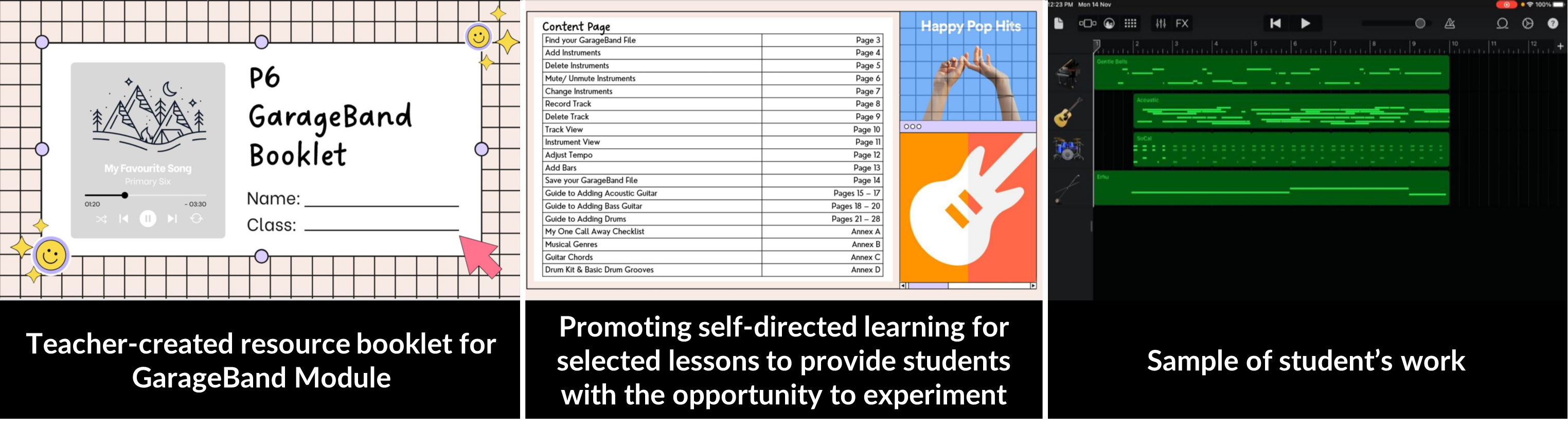 Three panels showing a P6 GarageBand booklet cover, its content page, and a student's GarageBand project screenshot.