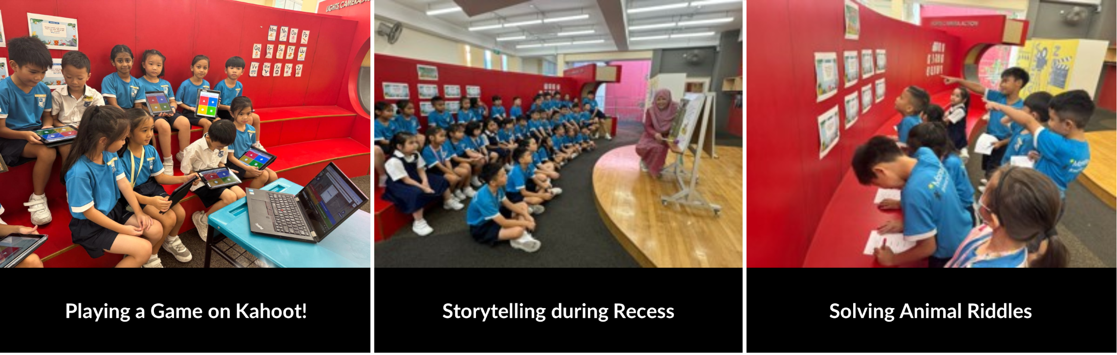 Three school activity scenes: kids on tablets for Kahoot, a storytelling session, and students solving animal riddles on a wall.