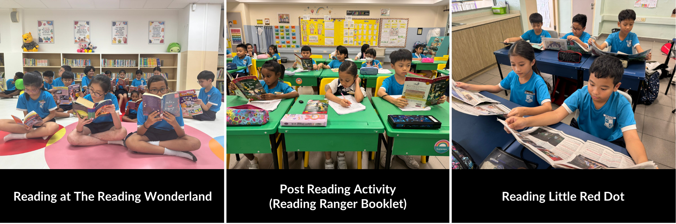 Three classroom scenes show young students in blue uniforms reading books and newspapers at desks and on the floor.