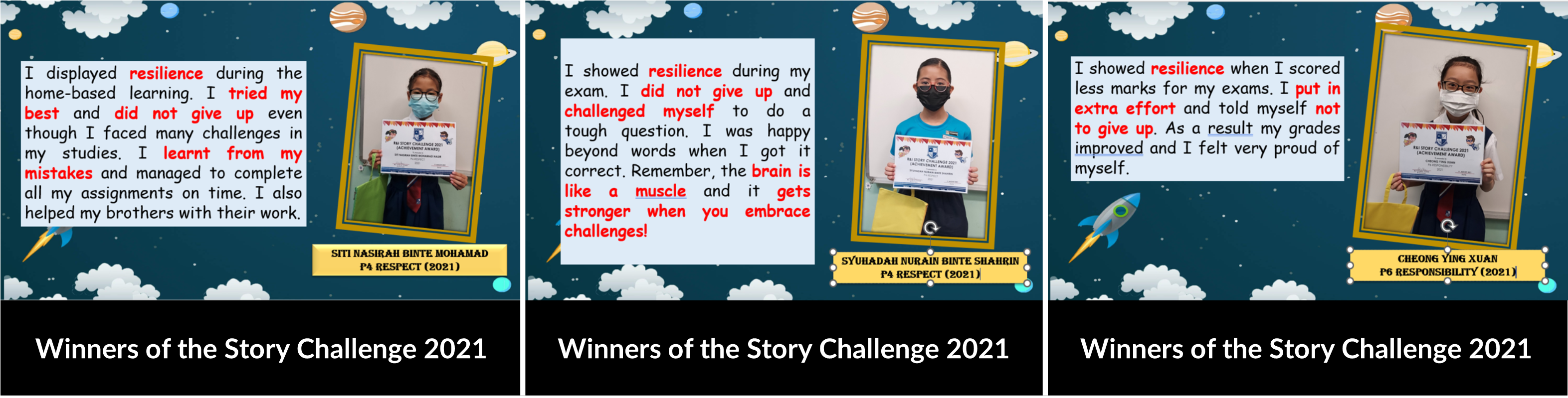 Three masked students holding award certificates beside their resilience stories, labeled Winners of the Story Challenge 2021.