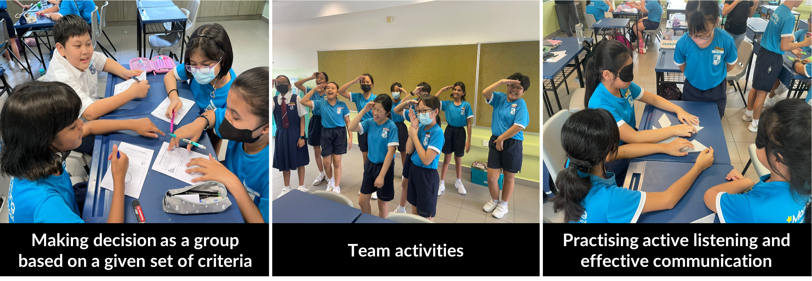 Students deciding as a group, doing a team activity, and practising blindfolded communication tasks.