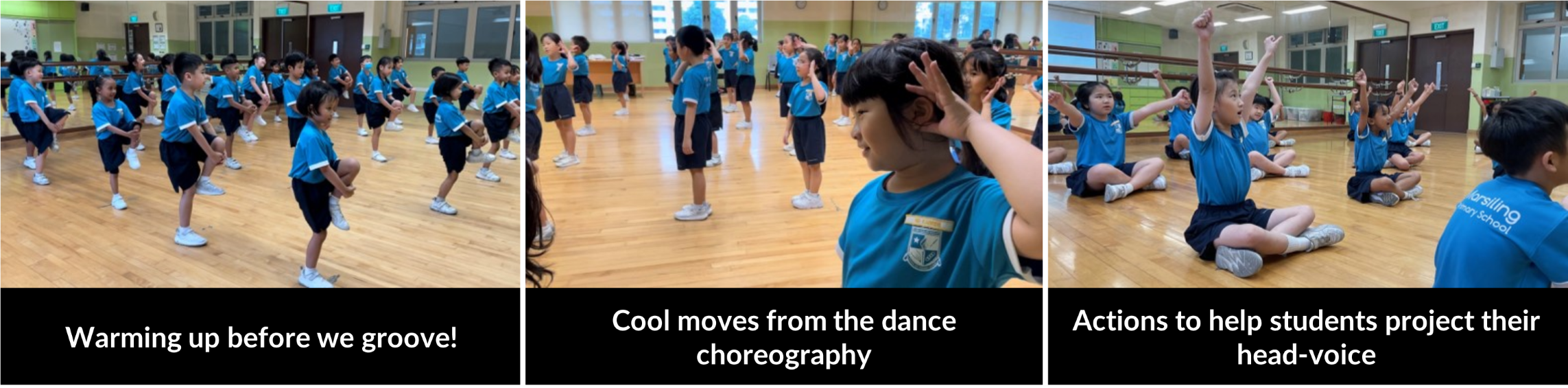 Three panels of primary school children in blue uniforms dancing, doing choreography moves, and raising hands in a hall.