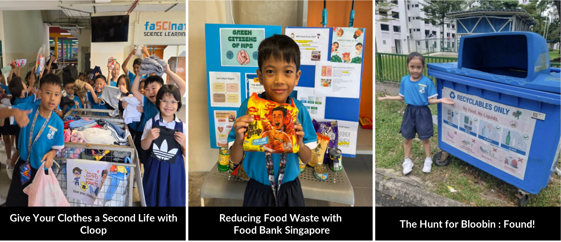 Students donating clothes, holding food donations, and finding a recycling bin during a hunt.
