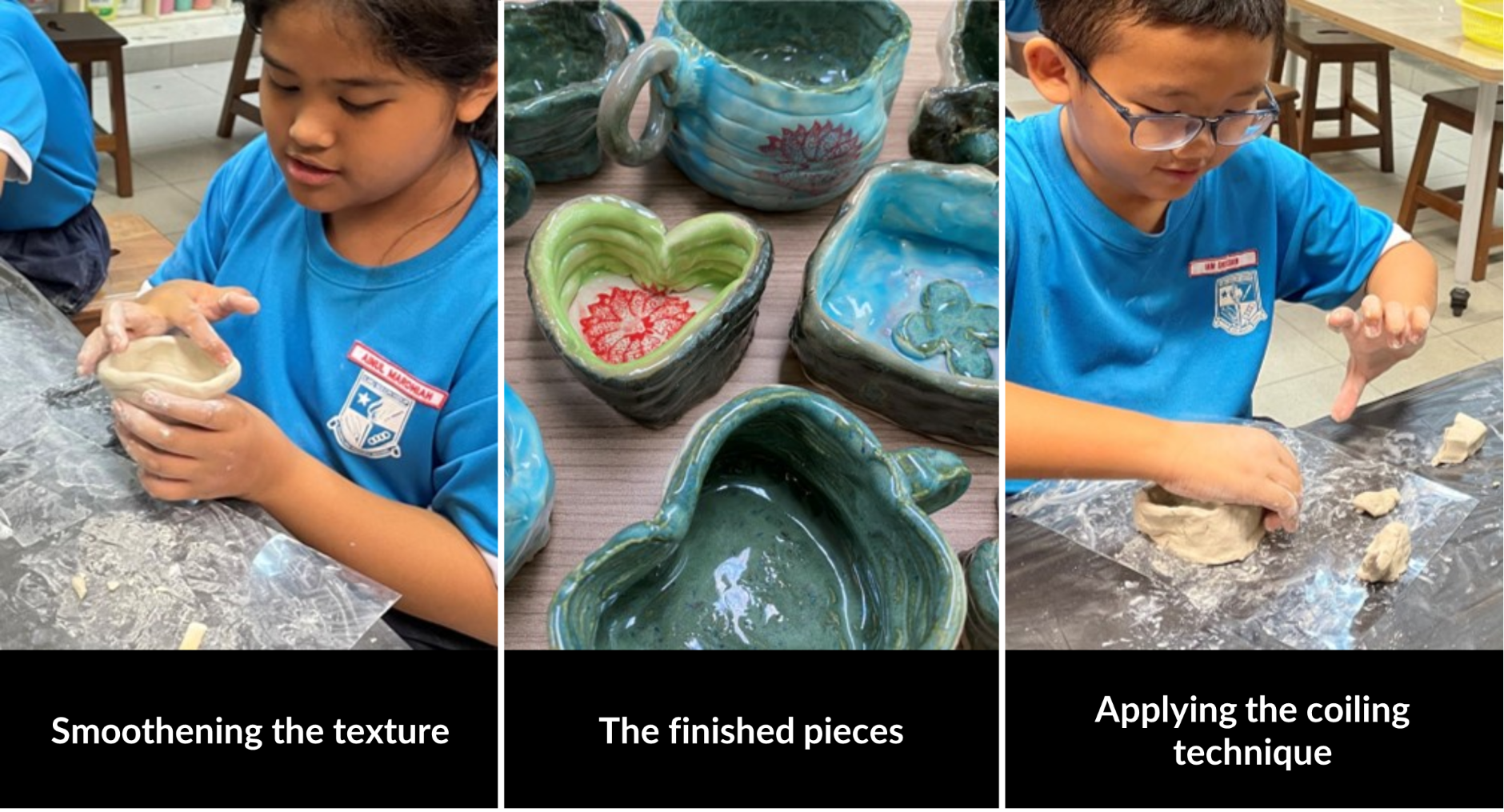 Two students in blue uniforms shape clay pottery, beside finished glazed ceramic bowls and mugs in green and teal.