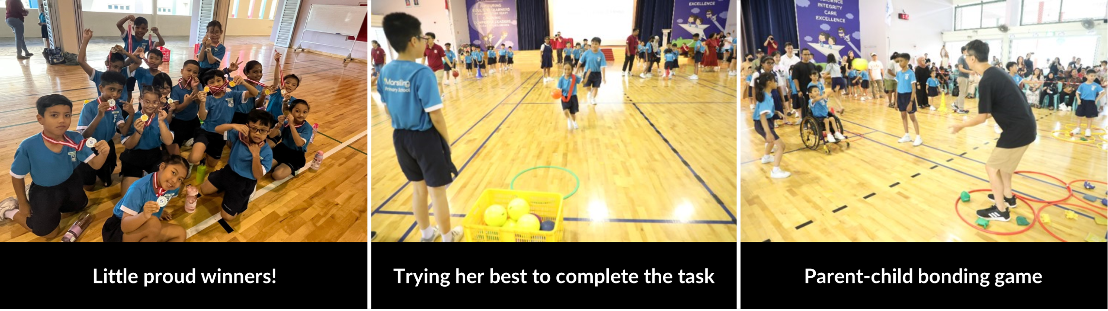 Three school gym scenes: kids with medals, a child completing a task with balls, and a parent-child bonding activity.