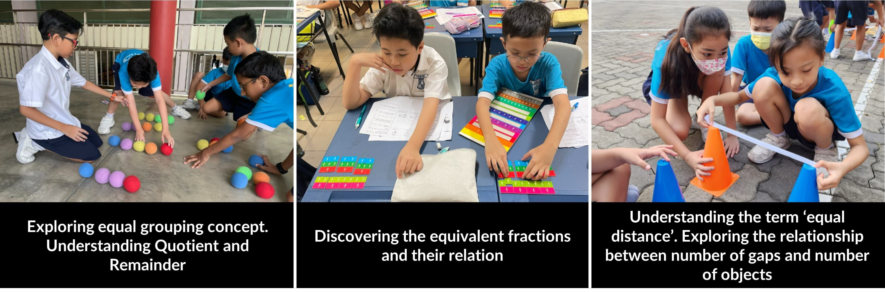 Three photos of young students doing hands-on math activities with colored balls, fraction strips, and measuring tape near cones.