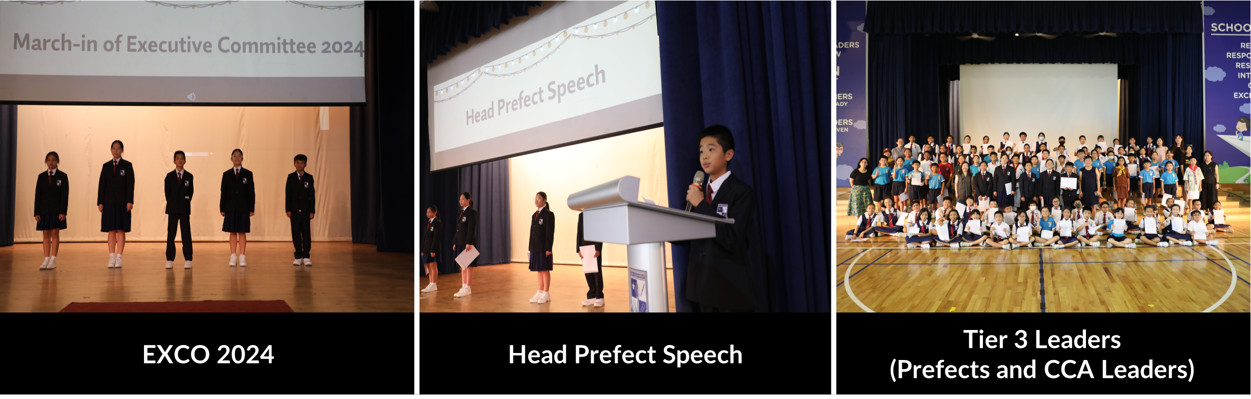 Three school event photos: EXCO 2024 march-in, a boy giving Head Prefect Speech, and a large group of student leaders.