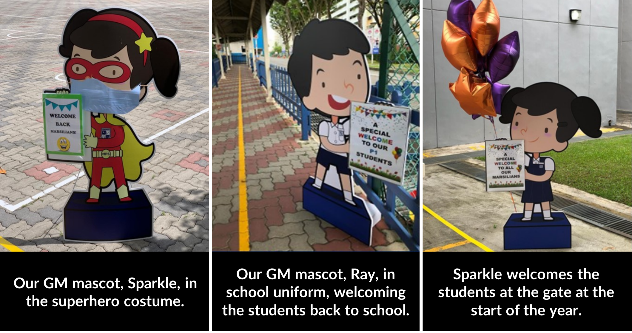 Cutout mascots Sparkle and Ray holding welcome signs at the school entrance.
