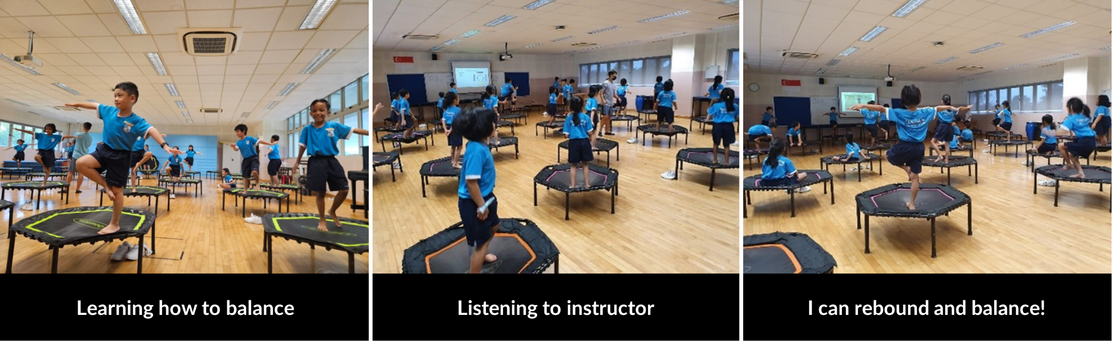 Three photos of children in blue uniforms practicing balance on mini trampolines in a gym with an instructor.