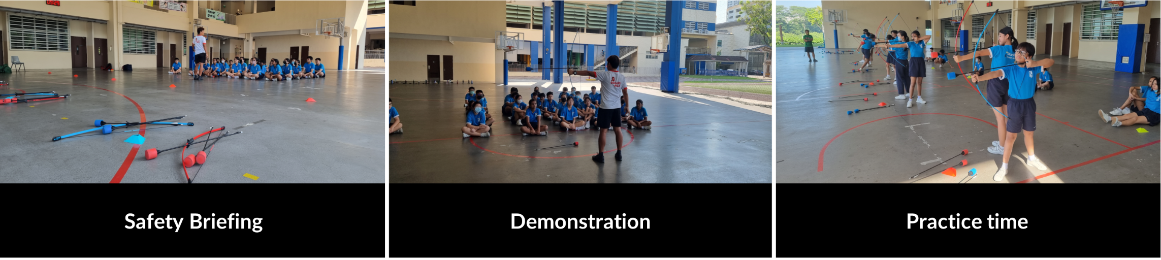 Three panels show students in a gym doing archery: safety briefing, instructor demonstration, and practice shooting.