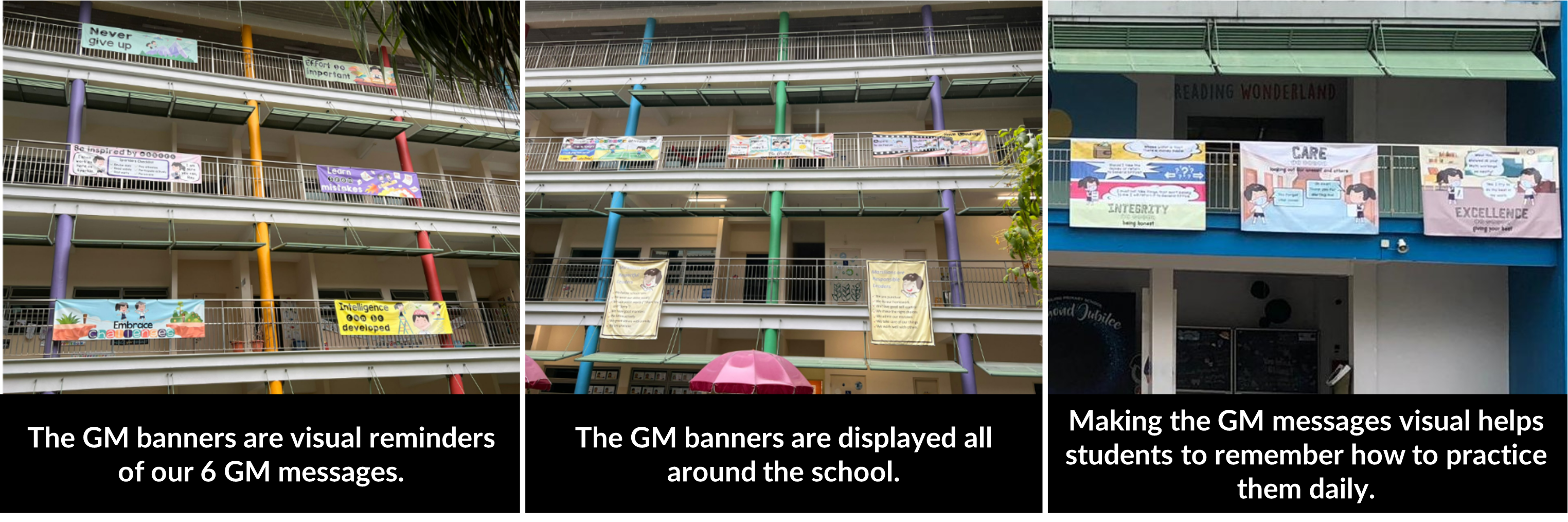 School buildings displaying GM message banners on balconies and near the entrance.