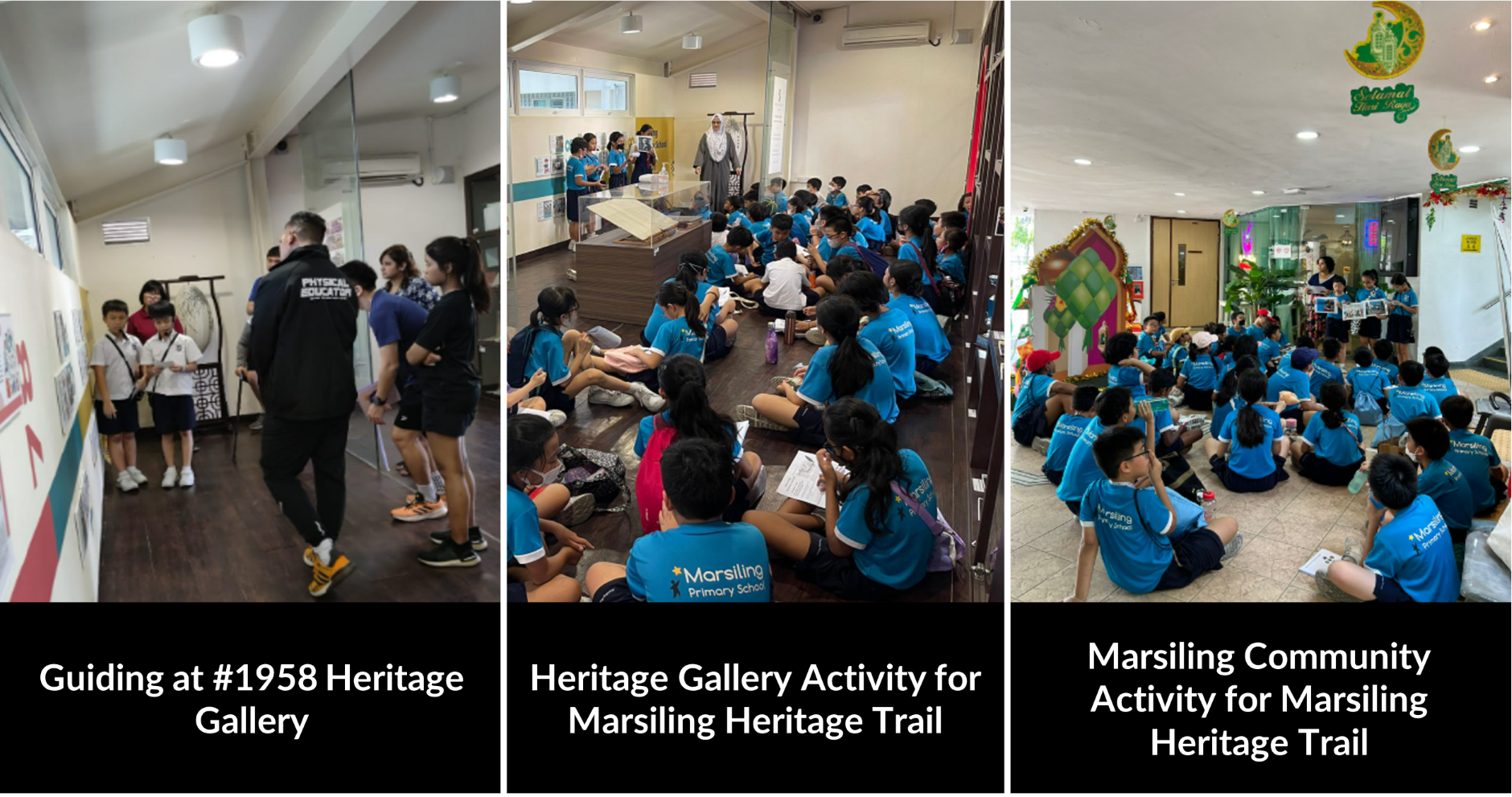 Three photos of Marsiling Primary School students in blue shirts attending heritage trail activities at galleries.