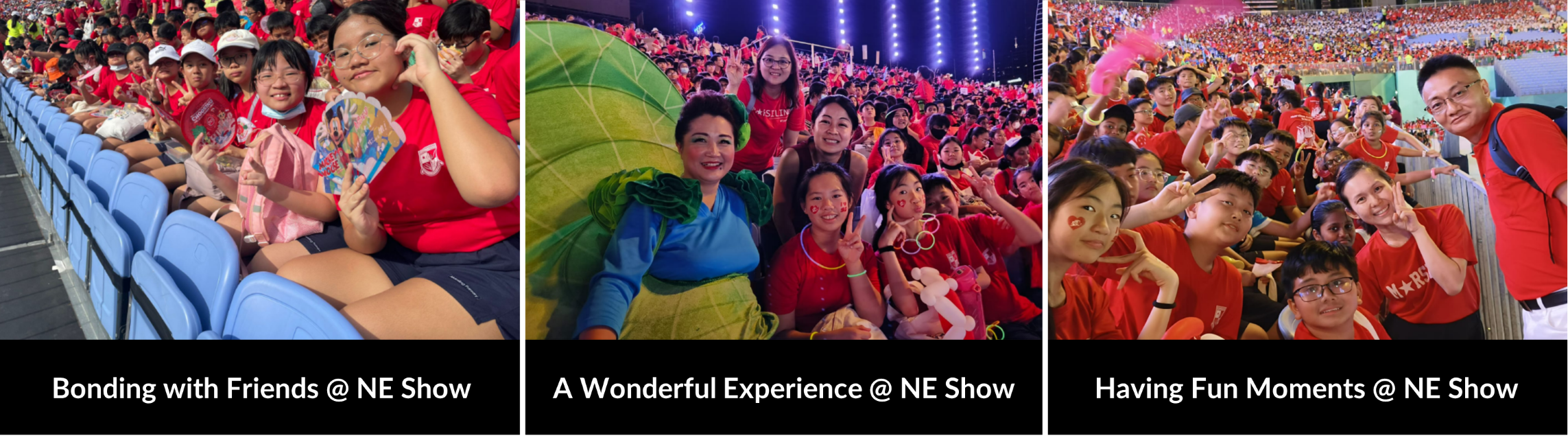 Three photos of children and adults in red outfits smiling and posing at the NE Show event in a stadium.