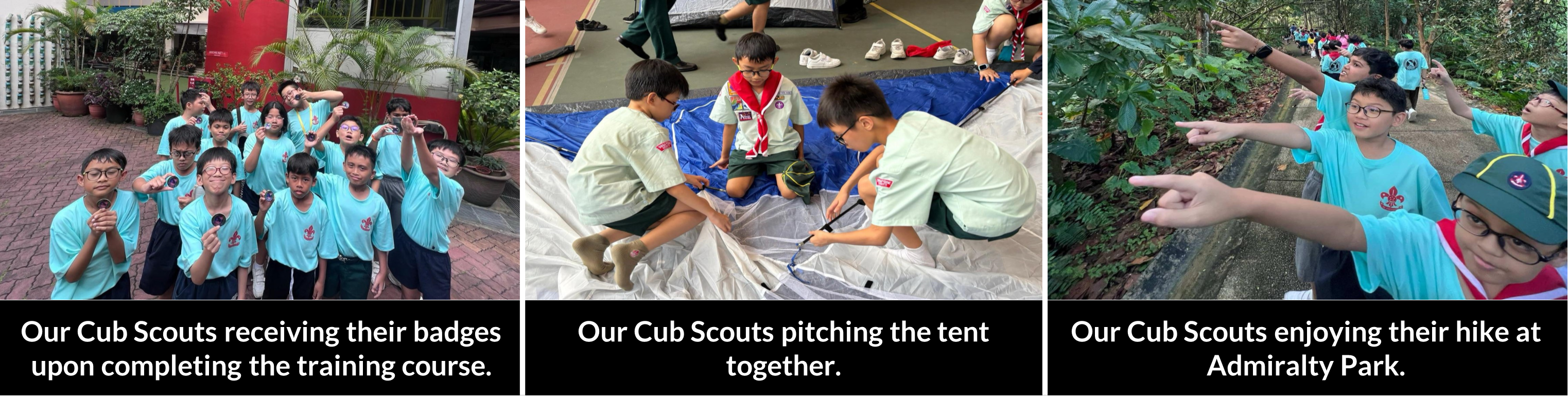 Cub Scouts receiving badges, pitching a tent together, and pointing during a hike at Admiralty Park.