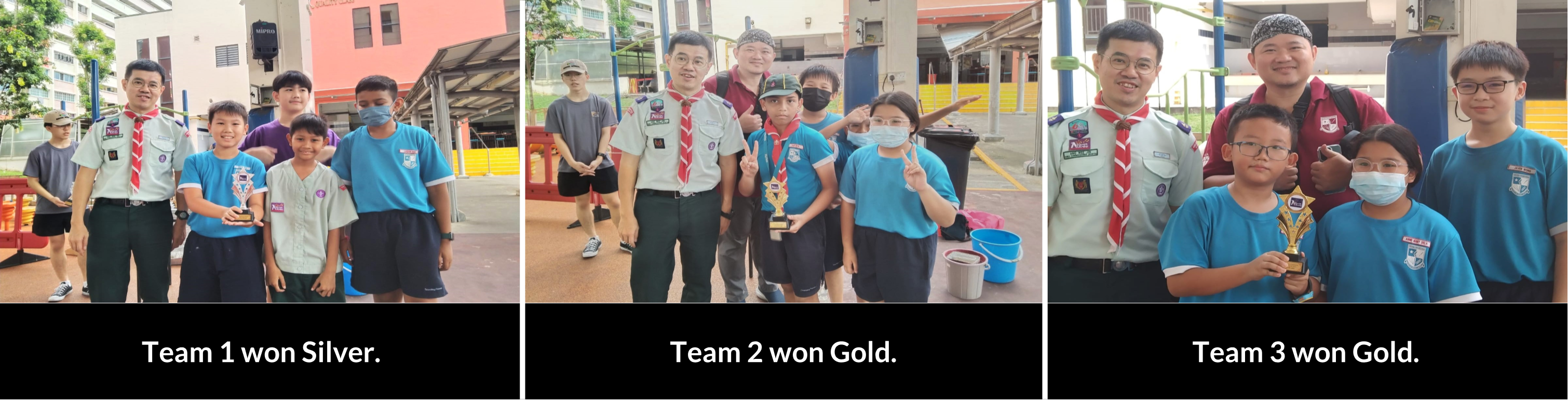 Three scout teams posing with leaders and trophies: Team 1 Silver, Teams 2 and 3 Gold.