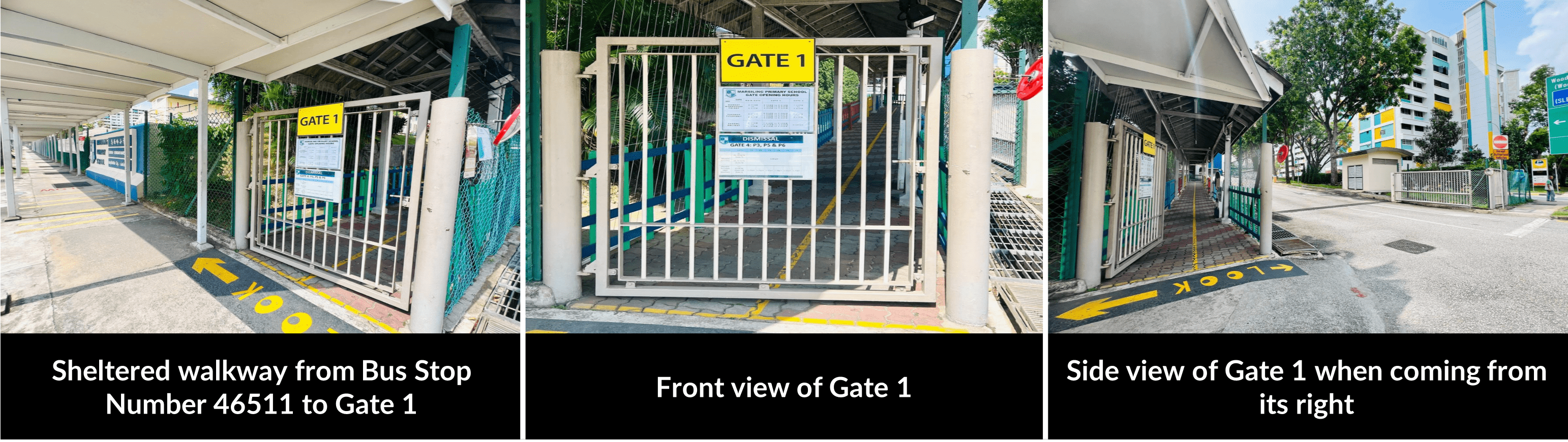 Three views of Gate 1: sheltered walkway from bus stop 46511, front view of the metal gate, and side view from the right.