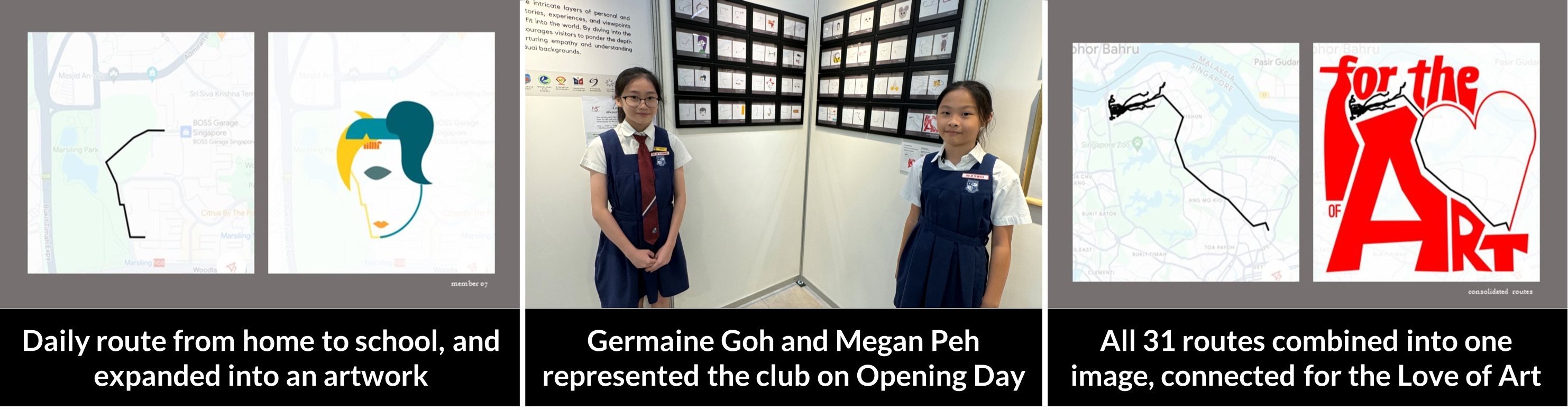 Two girls in school uniforms stand before an art display; beside them are route maps and artworks about love of art.