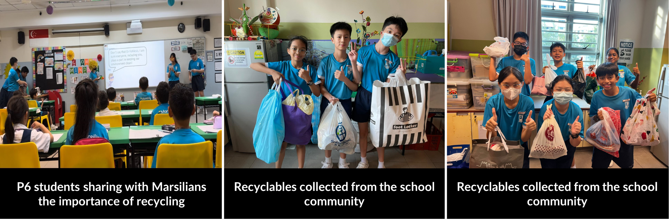 Three photos of school students in blue shirts presenting recycling lessons and holding collected recyclable bags.