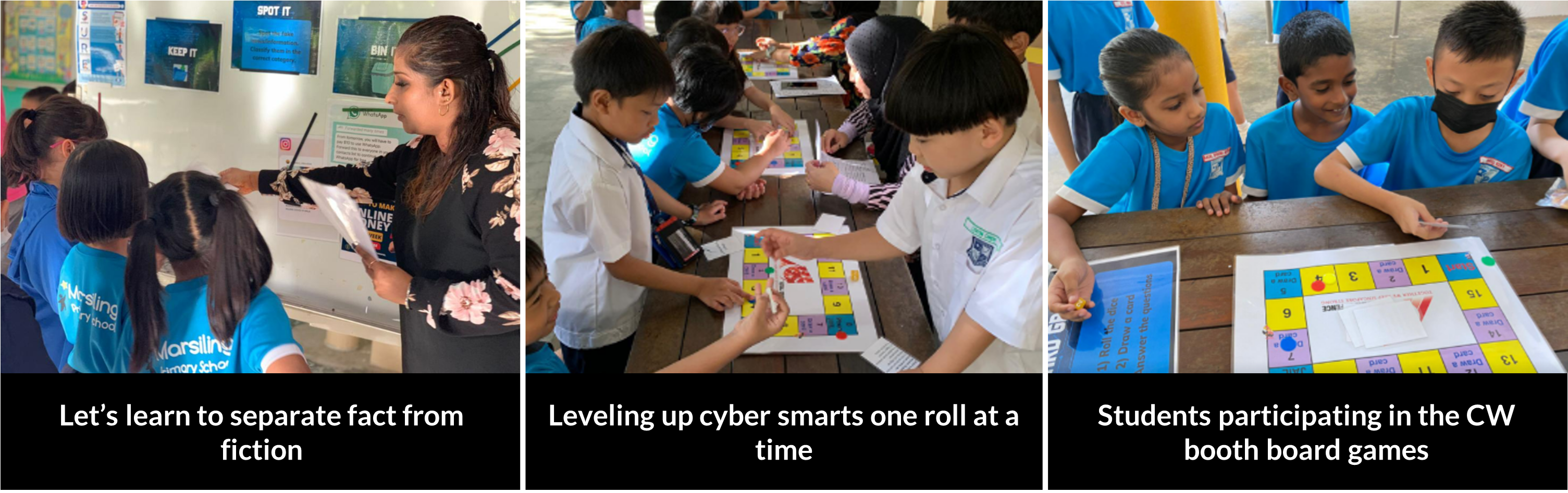 Students learning fact from fiction, and playing cyber-safety board games at a booth.