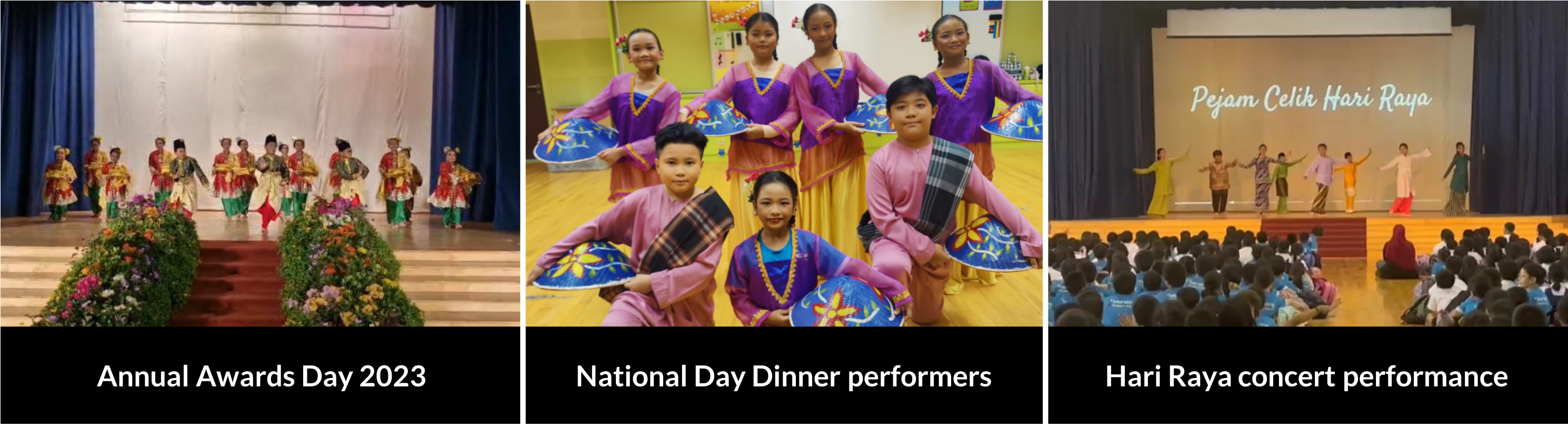 Traditional Malay dance on stage, dancers posing with fans, and a Hari Raya stage performance.