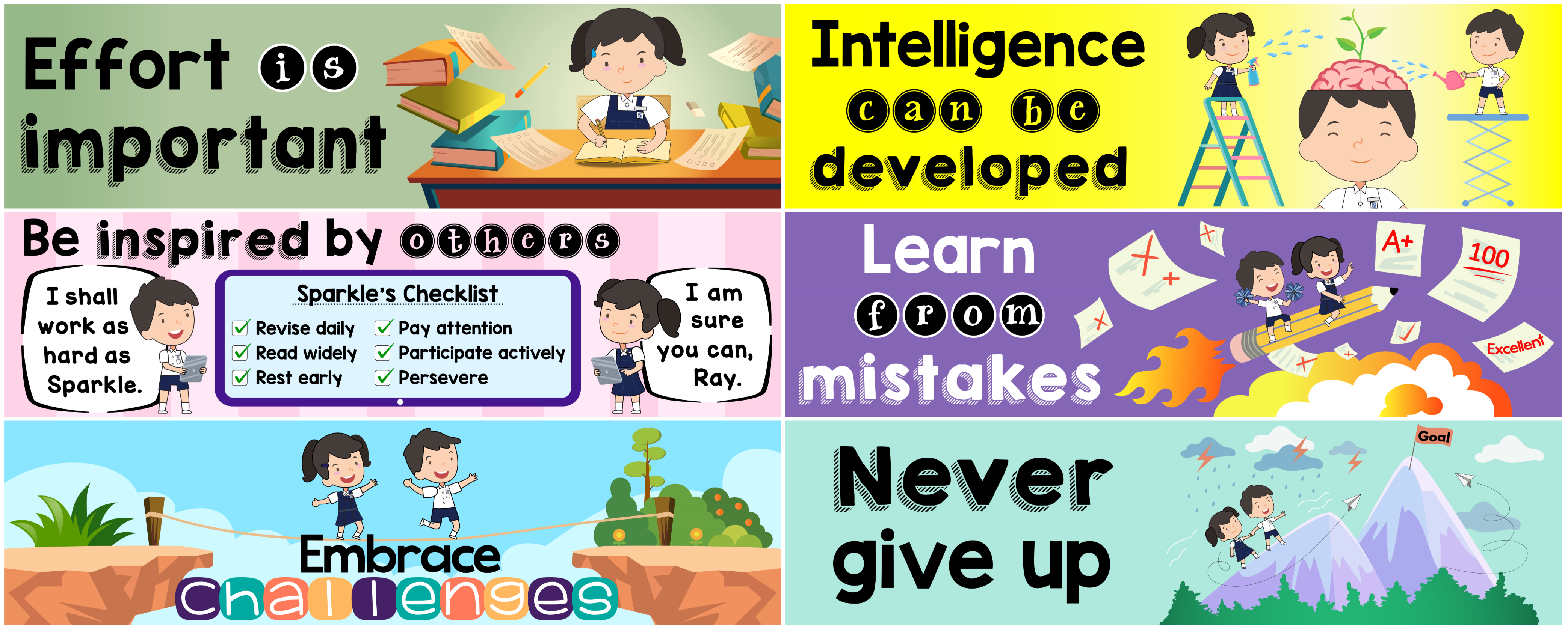 Six colorful motivational panels for children with slogans: Effort is important, Intelligence can be developed, Be inspired, Learn from mistakes, Embrace Challenges, Never give up.