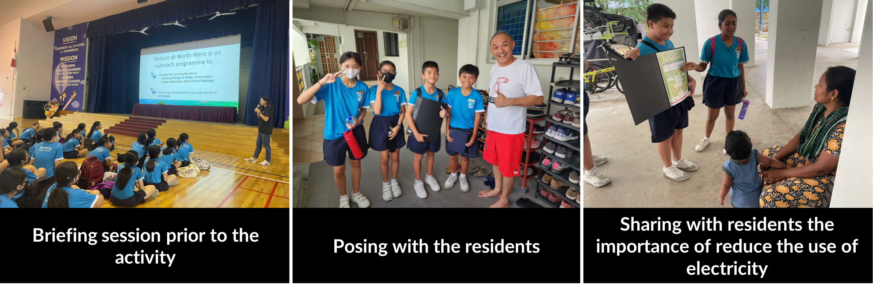 Students at a briefing, posing with a resident, and sharing energy-saving tips with residents.