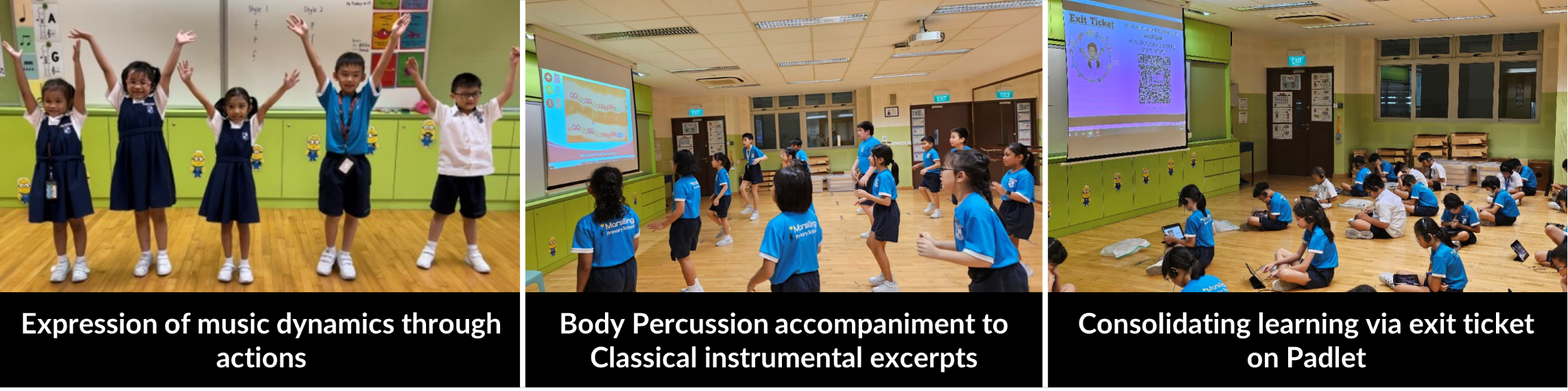 Three classroom scenes showing students doing music activities: posing with arms up, doing body percussion, and using tablets on the floor.
