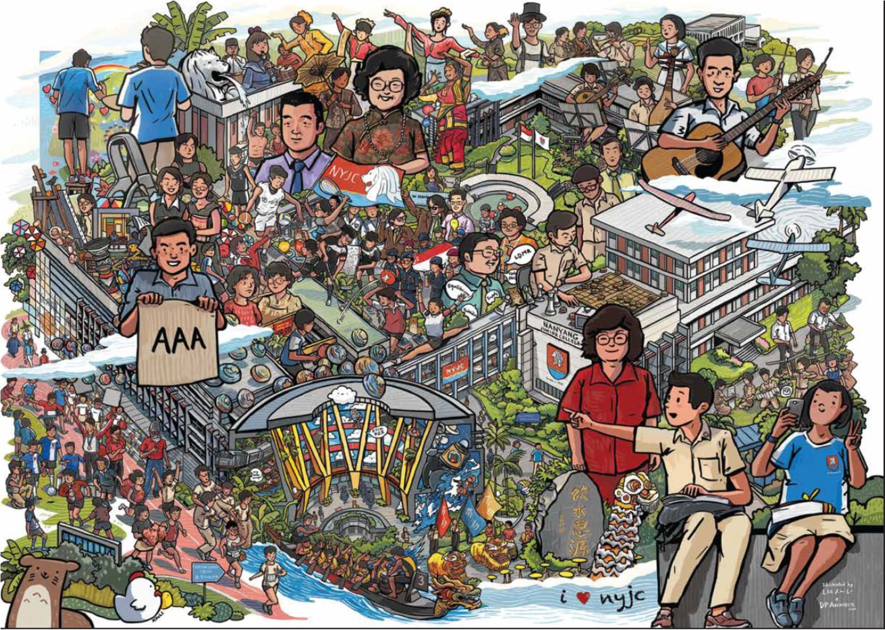 Colorful illustrated collage celebrating Nanyang Junior College with students, teachers, buildings, and cultural activities.