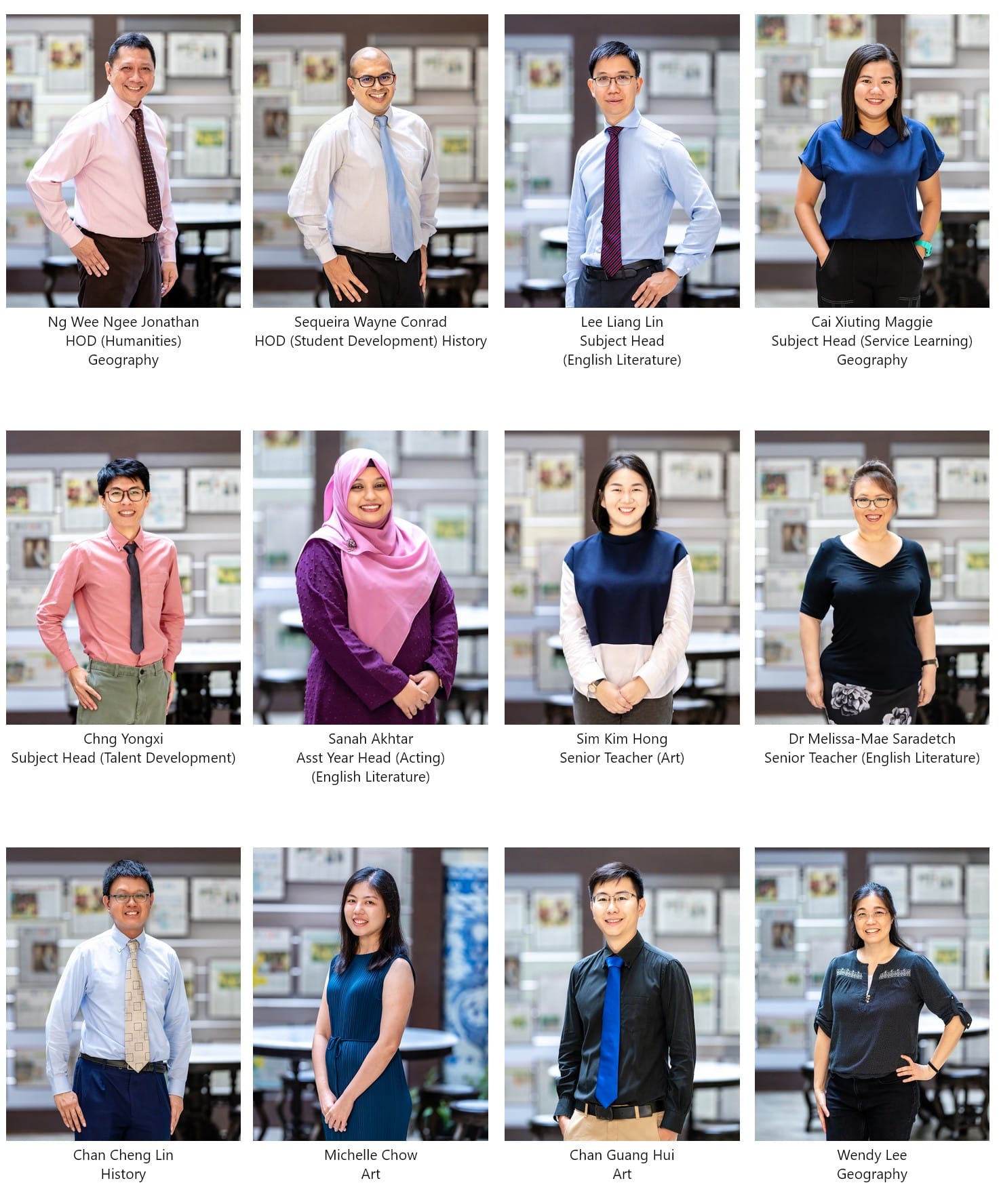 Twelve school staff members posed individually in three rows of four, each labeled with their name and role.