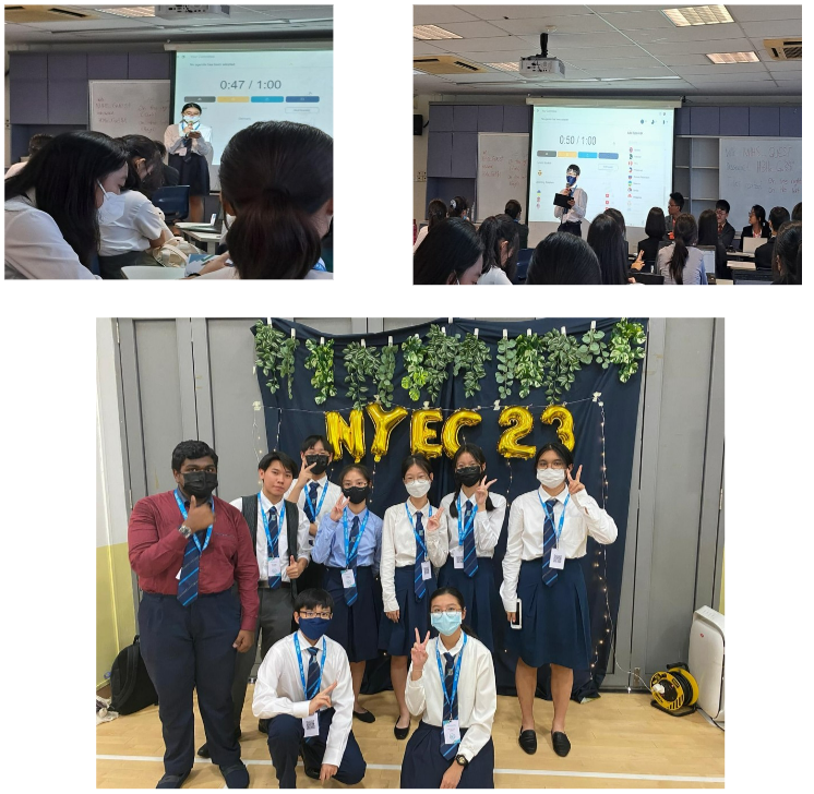 Students in uniforms pose before a gold balloon NYEC 23 backdrop, with two classroom presentation scenes above.