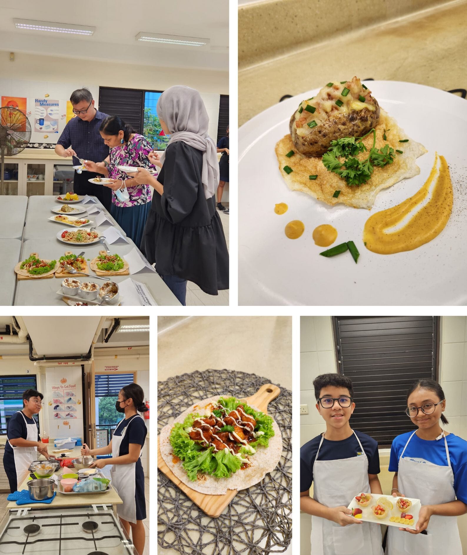 Students and adults in aprons participate in a cooking class, with plated dishes including a stuffed potato and a wrap.