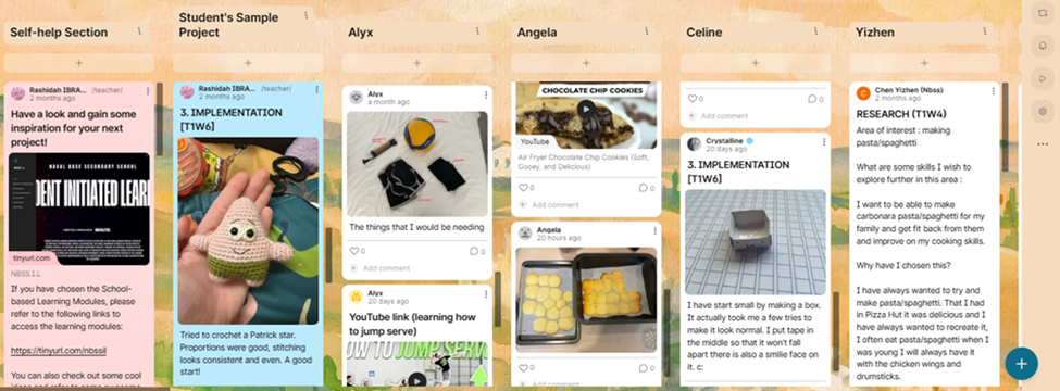 A Trello-style board with six columns showing student project cards including text, photos of food, crafts, and cooking.