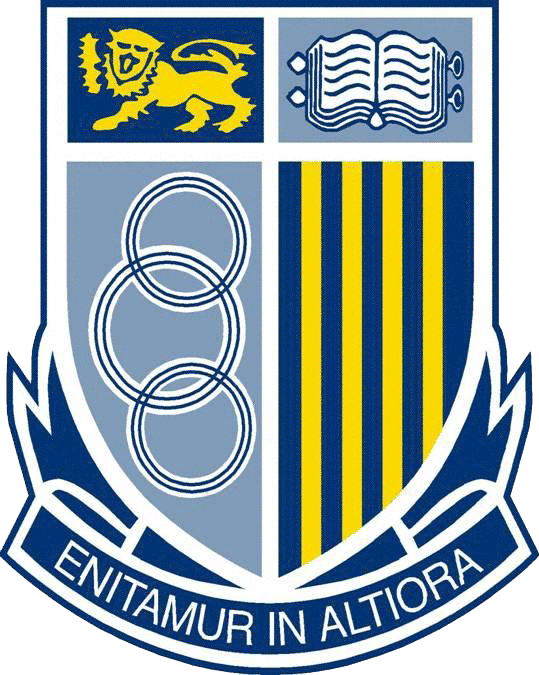 Shield crest with a lion, open book, rings, blue and yellow stripes, and motto "Enitamur In Altiora."