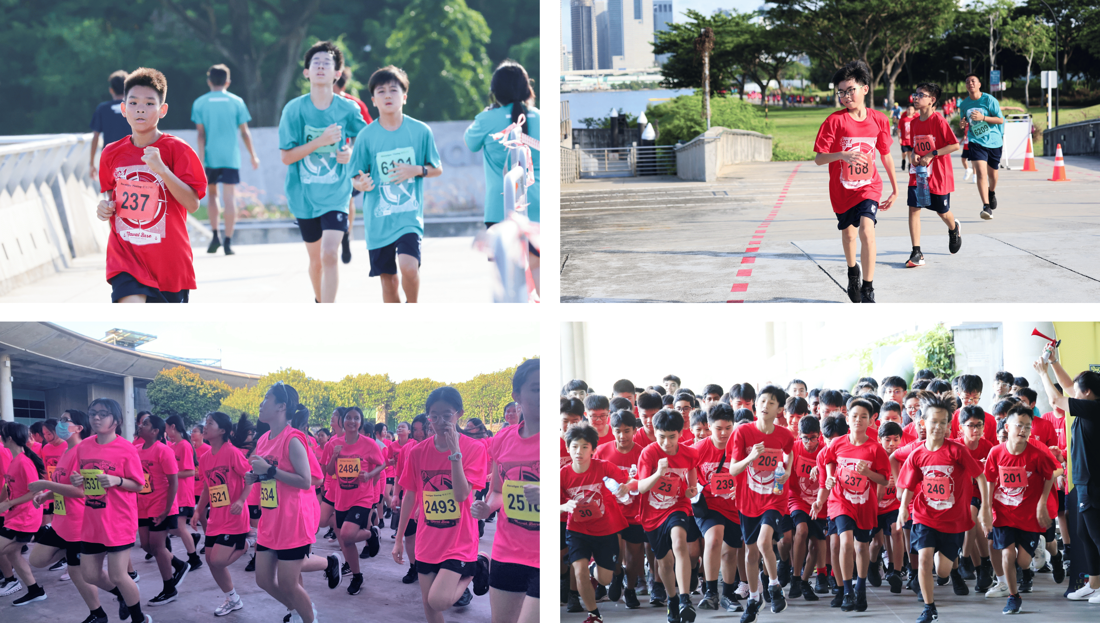 Four photos of a school running event showing children in red, teal, and pink numbered bibs racing outdoors.