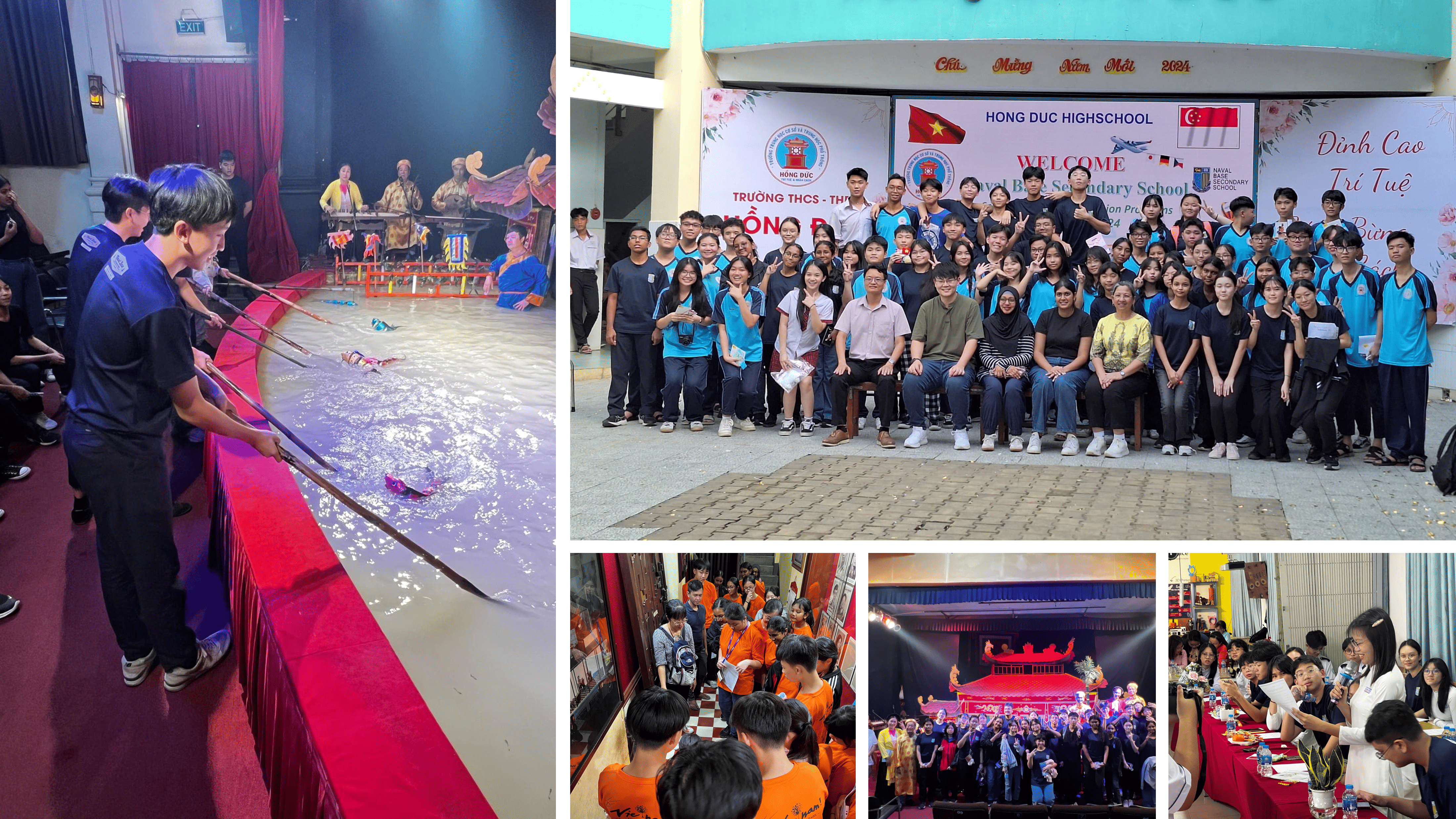 Collage of students fishing toy ducks, large group photo at a school banner, and crowded indoor event scenes.