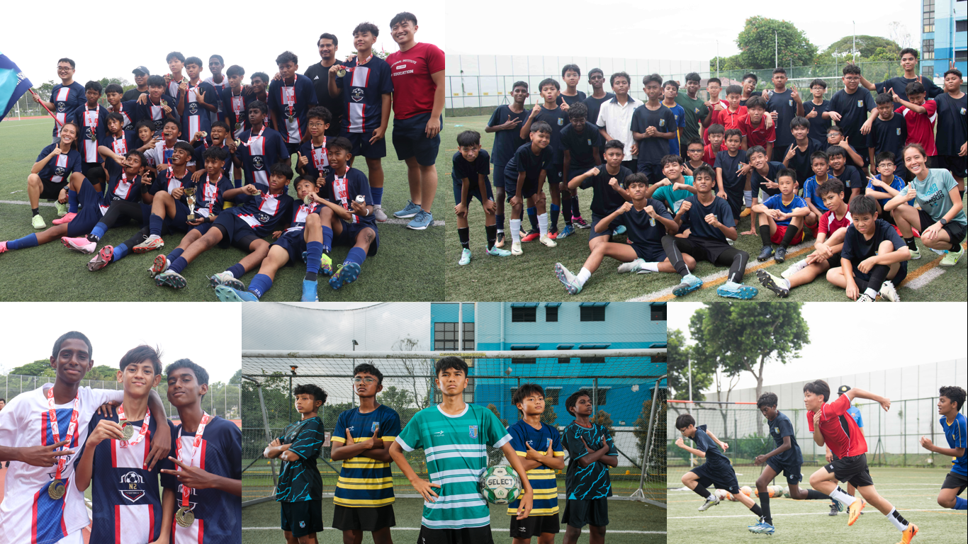 Collage of youth soccer players posing with medals and trophies on a field, plus action shots during a match.